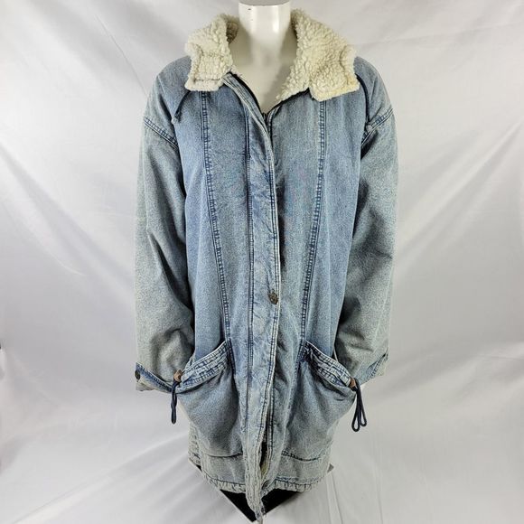 British Mist Jackets & Blazers - Vintage British Mist Sherpa Lined Acid Wash Long Denim Jacket Womens Size XL